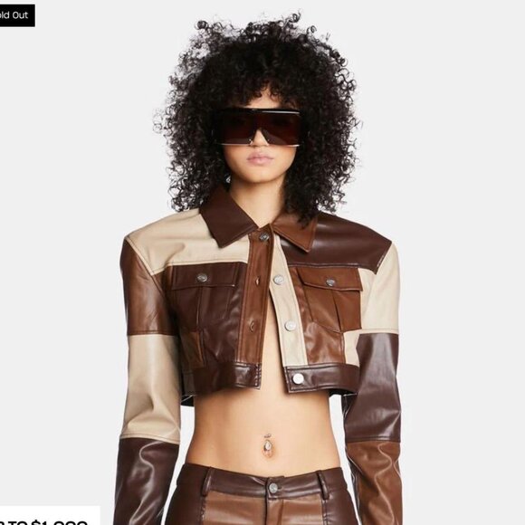 POSTER GIRL brown & cream cropped FAUX leather patchwork jacket! LIKE NEW! - Picture 1 of 8